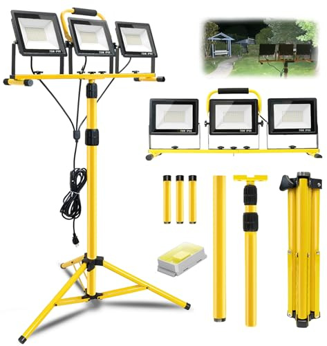21000 LM LED Work Light with Stand, 3-Head Adjustable Portable Tripod Light with Individual Switches, IP66 Waterproof, 16.4FT Cord for Garage Workshop Job Site Construction Indoor Outdoor Lighting