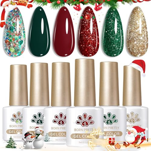Born Pretty UV Nagellack Glitzer Christmas Rot - Gel Nagellack Rot Schwarz Grün Gold Shiny Sparkling UV Lack Maniküre und Nagelkunst DIY zu Hause
