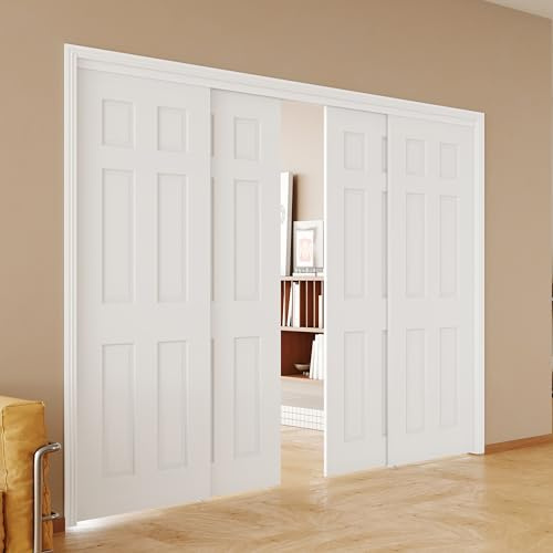 SOLRIG Sliding Closet Door, Hollow Core Closet Doors for 96''(Double 48) x 80 Opening, 6-Panel Sliding Door Panels with Hardware Track Kit & Floor Guide, Finished Doors 4 Panels, MDF, White