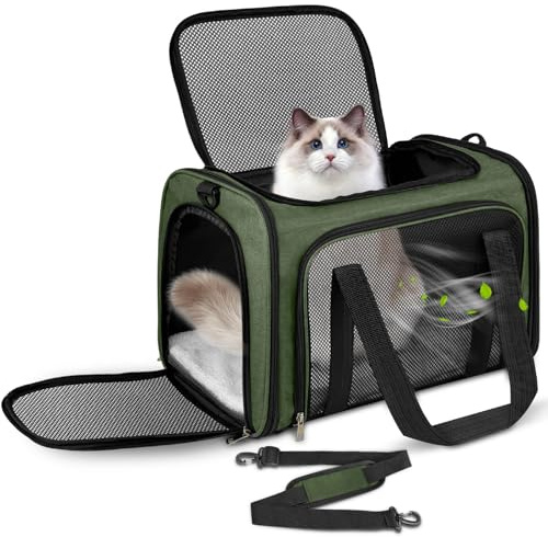 Lohofrnny Borsa per il trasporto di gatti, per cani e gatti, pieghevole, con tracolla, colore verde, 43 x 28 x 28 cm