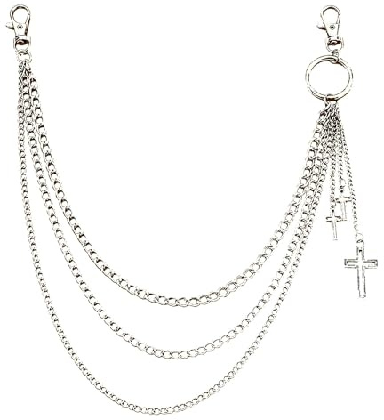 Heanvmyss Jeans Chains,Hip Hop Pants Chain,Waist Chain,Fashion 3 Layered Pocket Chain,Crucifix Gothic Accessories for Men and Women(Silver)