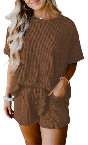amropi Completo Sportivo Donna Maniche Corte Maglietta a Righe e Pantaloncini 2 Pezzi Estate Tuta caffè,L