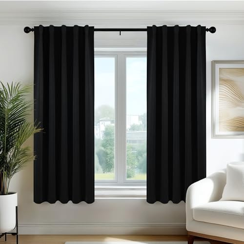 Deconovo Rideaux occultants, Opaques, avec Bandes froncées, Rideaux Thermiques 3 en 1, Chambre à Coucher, 70x120 CM (Largeur x Hauteur), Noir, 2 Pièces
