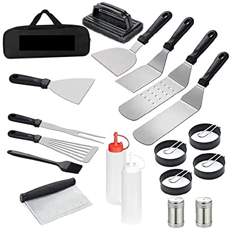 Grillverktyg, Tillbehör for platt grill, tillbehörssats for stekhäll med stekspatel, skrapa och äggringar, verktygssats for stekhäll for utomhusgrill och camping