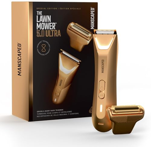 MANSCAPED® The Lawn Mower® 5.0 ULTRA Ljumsk- och kroppshårtrimmer – SkinSafe®-trimmer med dubbla huvuden och folieblad, vattentät våt/torrtrimmer, USB-C uppladdningsbar med resepåse, Forged Gold