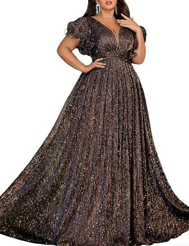 VOUIAO Women Plus Size Wedding Guest Summer Long Prom Dress A Line Elegant Formal Evening Party Cocktail Bridesmaid Gown Brown 4XL