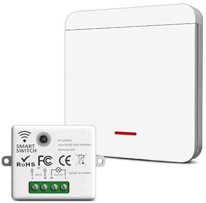 Funk Lichtschalter 230V Set mit Empfänger und Sender, kabelloser Funkschalter für Lampen & Geräte bis 1500W, einfache Installation, starke Signalübertragung, Multi-Control(1Way Kit)