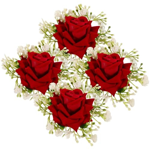 FIXOSHEE 4 Pulseras Ramillete de Muñeca para Boda en Color Rojo, Flores Artificiales de Tela Perlas, Tamaño Ajustable, Pulseras para Dama de Honor y Fiesta Elegante