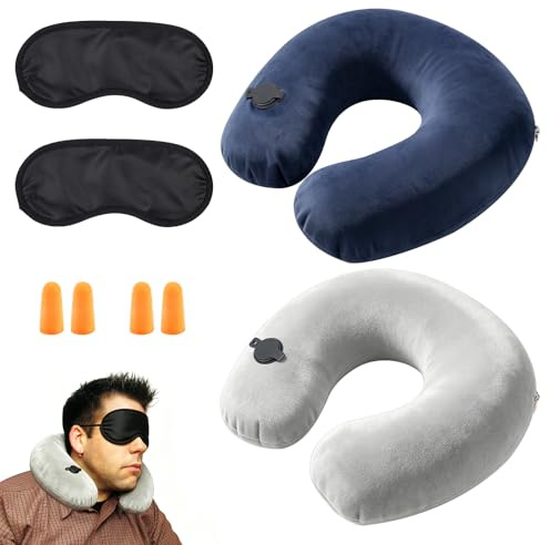 Almohada de Viaje Hinchable Ultraligera, 2 Unidades Cojín Cuello Inflable Compacto con 2 Máscaras de Ojos y 2 Pares de Tapones para Oídos, Set de Almohadas para Avión, Coche y Tren, Gris y Azul