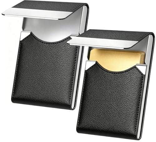 Dawfund 2PCS Porte Cartes de Visite, Étui Carte de Visite Professionnel en Acier Inoxydable et Cuir Synthétique, Business Card Holder pour Homme et Femme, Fermeture Magnétique, Compact et Élégant