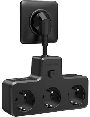 Multiprise avec Interrupteur, 6 en 1 Prise Multiple Electrique Murale Française 3 Sortie AC avec 3 Ports USB, Adaptateur Multiprise Parafoudre Prise 0.1m Câble Court, Noir