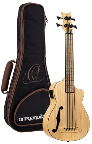 Ortega Guitars Bass Ukulele Elektro-Akustisch – F-Schallloch – Bamboo Series – Inklusive Gig Bag – Massiver Bambus, Natur (RUNAB-UB)