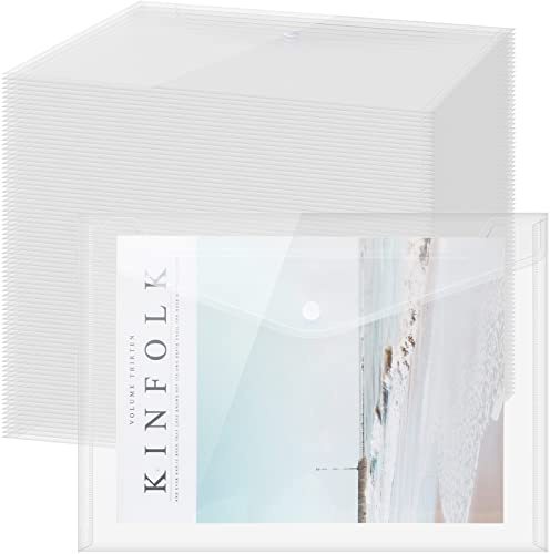 Zhehao 100 Pcs Clear Envelopes with Snap Button Closure A4 Letter Size Plastic Envelope Folder Poly Document File Folders for Home Office(Clear,Simple Style)