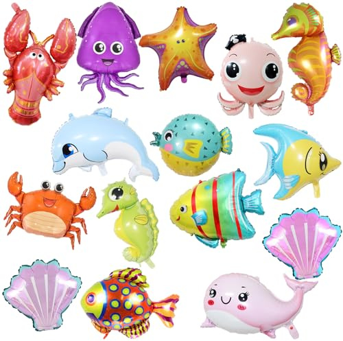 15 globos de animales del océano, decoraciones de fiesta bajo el mar, globos de tiburón bebé y peces para decoración de cumpleaños de niños, suministros de fiesta de baby shower