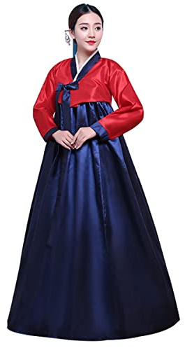 Women's Hanbok Dress Jeogori Jacket Chima Skirt Korean Traditional Costume Performance Wear (01# Red/Navy, M)