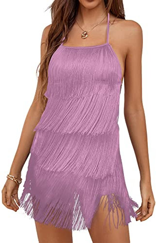 LYANER Damen Sexy Fransen Neckholder Taille Tie Back Ärmellos Strampler Overall Playsuits, Flieder, Large