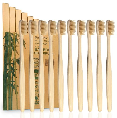 10 Colori Spazzolini Bamboo, Spazzolino da Denti a Setole Morbide Senza BPA, Set di spazzolini da denti in bambù naturale ecologico (Adulto - 10 Beige)