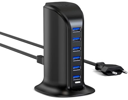 WUKUR Caricatore USB Multiplo,Stazione di Ricarica 6 Porte USB da Tavolo Caricabatterie da muro per cellulari per iPhone/iPad/Samsung/Huawei/HTC/LG/Nexus/Nokia/Motorola (25W Nero)