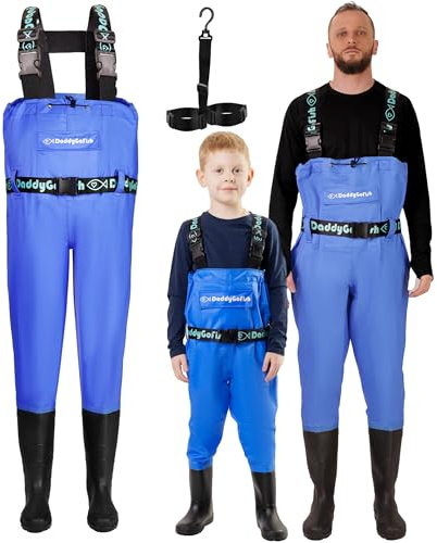 DaddyGoFish bröstvadare för barn och vuxna, fiske- och jaktvadare med en ficka och en vadarhängare, BLÅ, Vuxen (M10/W12)