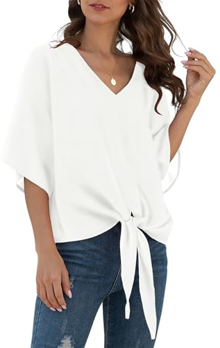 YGJIEGENG Blouse Femme Eté Mousseline Tunique Tops Manches Courtes Hauts Elégants Col V Loose Casual Tie Front Manches Trompettes T-Shirts Blanc XL