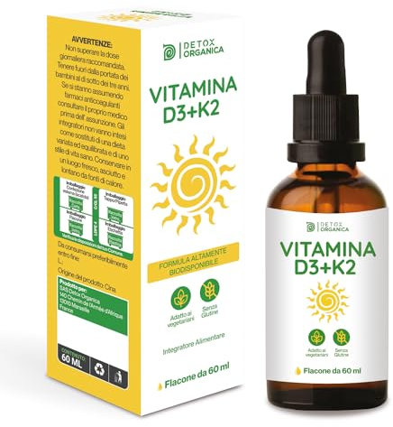 Detox Organica-Vitamina D3 K2 Gocce-1000 UI 60ml-Alto Dosaggio-Per Vegetariani-Integrazione Giornaliera-Salute delle Ossa-Formula Senza Additivi