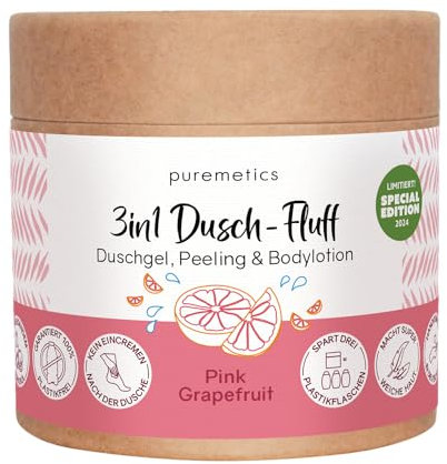 puremetics 3in1 Dusch-Fluff (250g) | Duschgel, Peeling und Lotion in Einem | vegan & plastikfrei | pflegend, hautverfeinernd & glättend | Zucker Meersalz Peeling | Zero Waste (Pink Grapefruit)