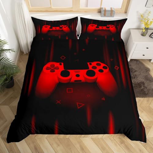 Loussiesd Boys Game Red Black Gamer Duvet Cover Teen Boys Gaming Bedding Set Single Kids Sci-Fi Style Video Games Duvet Cover Set Player Gamepad Bedding Microfiber