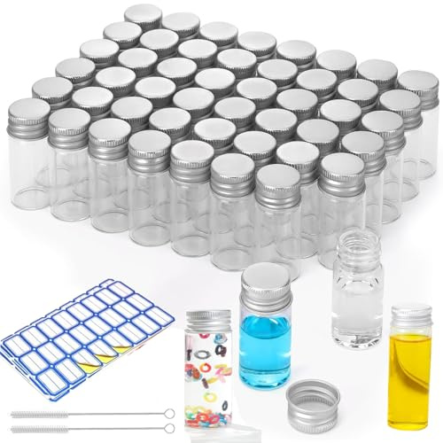 Tubo de Ensayo, ZEEROQOLAB 60 piezas 10ml Frascos de Vidrio Pequeños con Tapa de Aluminio, Frascos Transparentes para Muestras, Incluye Cepillo de Limpieza y Etiquetas Autoadhesivas