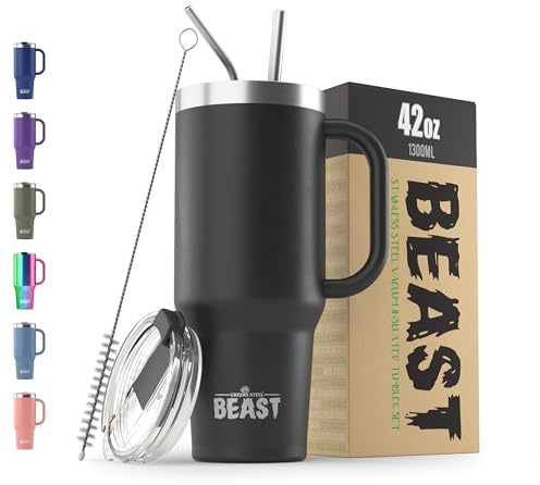 Beast Tumbler med handtag – 1 300 ml (4,4 oz), matt svart | återanvändbar rostfritt stål, vakuumisolerad kopp | med + 2 sugrör och rengöringsborste | dubbelväggs reseflaska perfekt för varmt eller