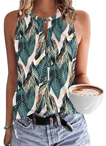 WNEEDU Damen Tank Top Sommer Ärmellose Oberteile Tops V-Ausschnitt Sexy Tanktops Lässiges Strand Shirts Blusentop Blattdruck L