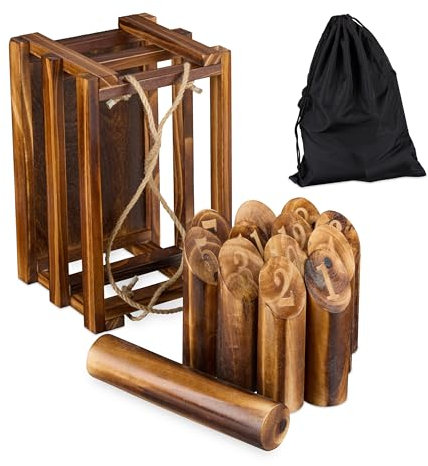 Relaxdays Kubb Wikingerspiel, finnisches Wurfspiel, Holz, Outdoorspiel mit Nummern, Erwachsene & Kinder, mit Box, braun