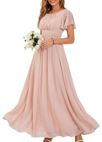Ever-Pretty Women's Spring Elegant Round Neck Short Sleeve Chiffon Empire Waist Floor Length Formal Dresses Bridesmaid Dress Pink US16