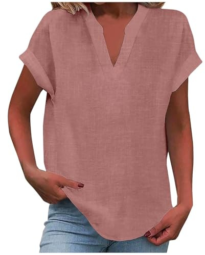 Chemisiers et Blouses Femme Tunique à Manches Courtes et Col en V | Blouses Femme avec Boutons Couleur Unie Coton Lin Tee Shirt Femme