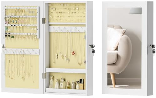 HOMCOM Specchio Portagioie con Design a Muro, Armadietto Portagioie con Chiusura con Chiave, Specchio a Figura Intera in MDF per Camera da Letto e Soggiorno, 36.5x9.5x67 cm, Bianco