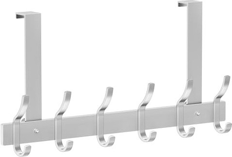 MEIJO Porte Manteau pour Porte, Colgadores de Puerta Argenté Acero Inoxidable Con 6 Ganchos, Porte Manteau Porte Avec Ventouses pour Chambre, Salle de Bain, Couloir et Cuisine