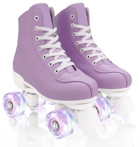 jessie Rollschuhe für Damen und Erwachsene, atmungsaktives PU-Leder, Blinkräder, Rollschuhe für Anfänger, Profis drinnen und draußen (lila und weißer Blitzabsatz, 38)