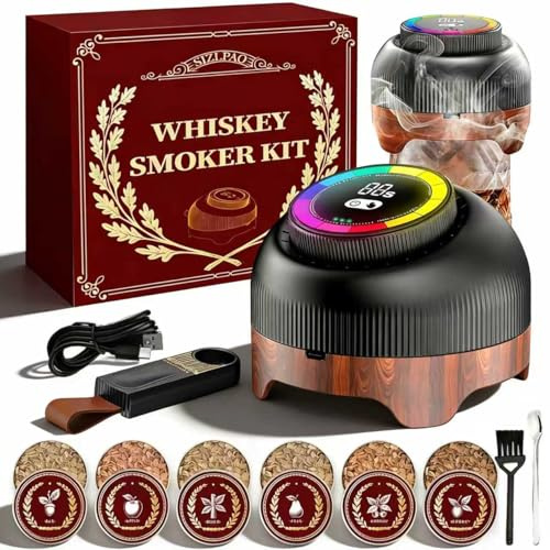 Electric Whiskey Smoker Kit with Adjustable 60-Second Smoke Control – Flame-Free & No Butane Needed, Rechargeable Cocktail Smoker for Old Fashioned, Includes 6 Wood Chip Flavors, Bourbon Gift for Men