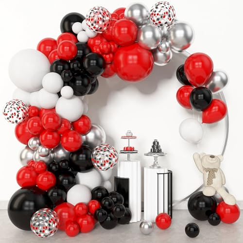 BlueCloudy 153pcs Kit de Arco de Guirnalda de Globos Rojo Negro y Blanco, Diferentes Tamaños 45 30 25 12 cm, Globos de Látex Plateado Metálico con Confeti para Decoraciones de Cumpleaños Boda