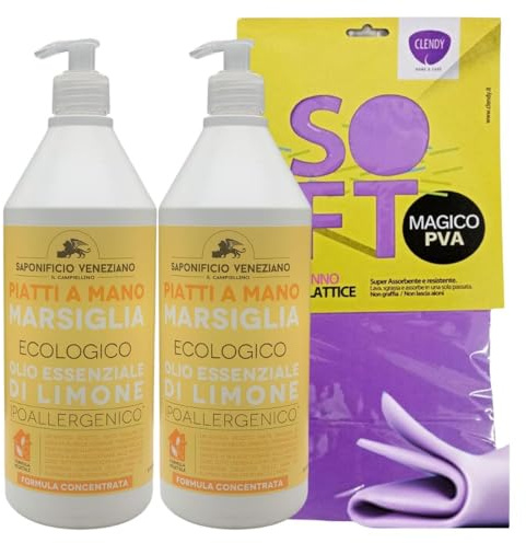 Detergente Piatti a Mano Ecologico di Marsiglia Ipoallergenico con Olio Essenziale di Limone, 750ml + Panno SOFT In Lattice (PIATTI A MANO(2 Unità+Panno))