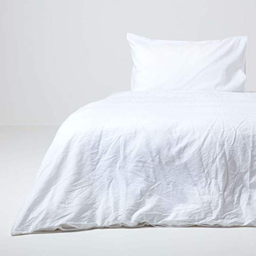 HOMESCAPES Biancheria da letto in lino lavato con copripiumino 135 x 200 cm e federa 50 x 75 cm, colore: Bianco
