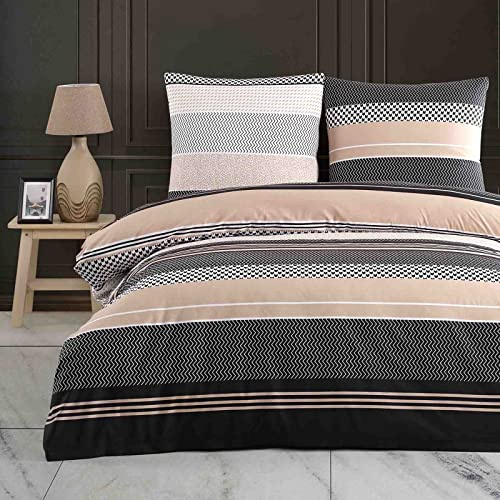 Buymax Sängkläder 200 x 200 förstärkt bomull i 3 delar, bäddset med påslakan och örngott 80 x 80 sicksackmönster Chevron, randigt påslakanset, beige svart