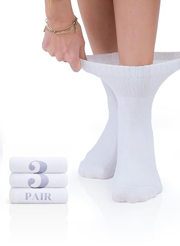 Hugh Ugoli Women's Rayon Ankle Loose Fit Diabetic Socks, Soft, Seamless Toe, Wide Stretchy, Non-Binding Top, 3 Pairs, White, Shoe Size: 10-12