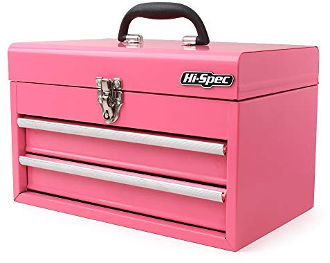 Hi-Spec Pink Steel Metal Chest & Drawers Tool Box Carry Case: Ladies Styled High-Gloss Finish Portable Storage for Everyday Use