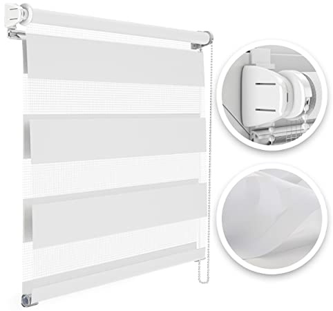 Estika Doppelrollo Montage ohne Bohren - Stoffbreite: 80 cm, Höhe: 220 cm, Farbe: Weiß - Tag und Nacht Duo Rollo