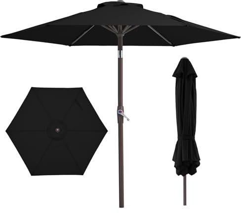 JEAREY 7.5FT Patio Umbrella Market Table Umbrella with 6 Sturdy Ribs, Push Button Tilt/Crank Outdoor Umbrella for Garden, Deck, Black