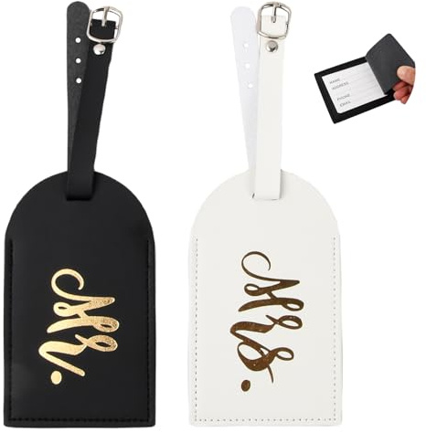 Shengxi 2 Pièces Étiquettes de Bagage Mr and Mrs Couples Étiquette de Bagage en Cuir PU pour Couples Amoureux Étiquettes de Bagages Étanches pour Honeymoon Voyage (Blanc + Noir)