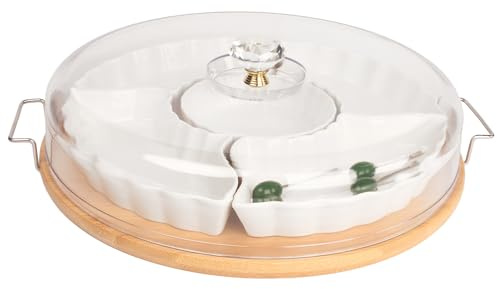 LIUYWYHCF Divided Snack Tray with Lid, 5 Removable Snack Deli Containers with 4 Forks for Party Serving Plate, Fruit Tray with Dips, Snacks, Reusable for Meal Prep, 12.6 Inch