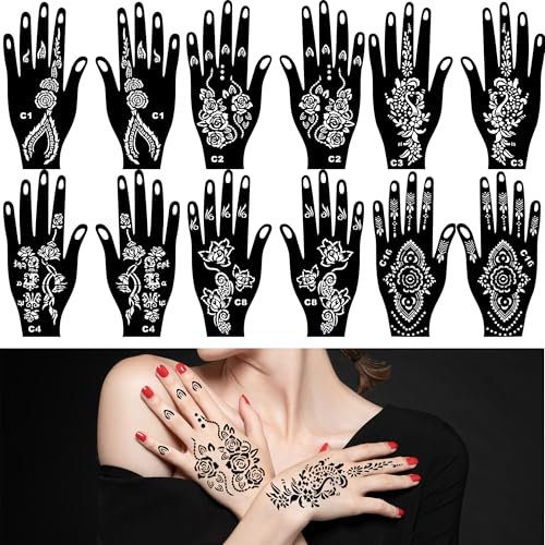 Set di 16 stencil indiano henné per donne dita mani pittura corpo fai da te Air Brush temporaneo stencil tatuaggio per ragazze