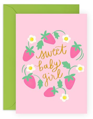 CENTRAL 23 Greeting Card - 'SWEET BABY GIRL STRAWB - Perfect for Celebrating the Arrival of a New Baby Girl with a Touch of Sweetness - Ideal for Announcements or Baby Showers - Comes with Stickers