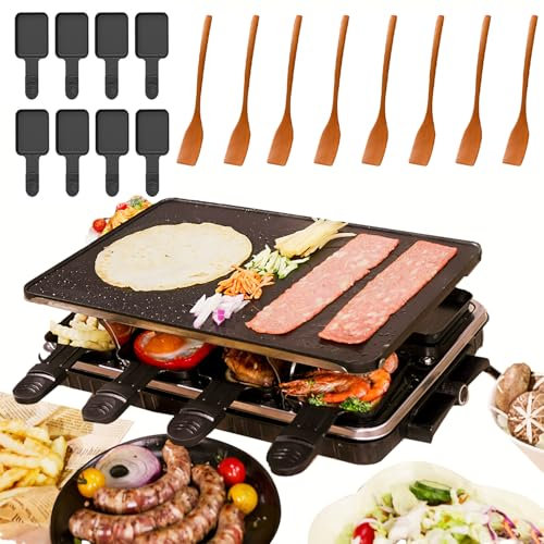 Griglia per Raclette, Tavolo per Barbecue Coreano da 1300 W con 8 Mini Padelle per Raclette e 8 Spatole in Legno, Piastra per Griglia Antiaderente 2 in 1 Macchina per Griglia per Interni per 8